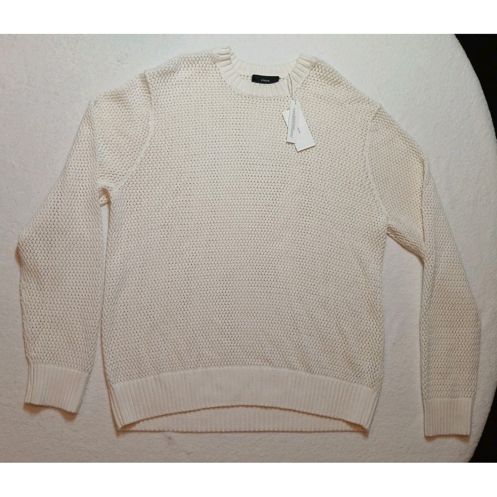 NWT Vince Men's M09656505A Mesh Stitch Cotton Cashmere Crewneck Sweater Cream L